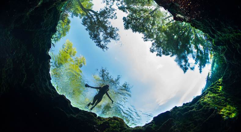 Underwater photo from a Florida spring looking up at a woman swimming overhead with the sky behind her.