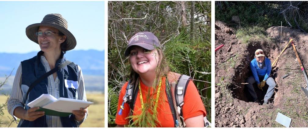 Three portrait photos: the first is of a woman in a hat, looking off into the distance, the second is a woman in an orange shirt with branches around her, and the third is a women sitting in a hole.