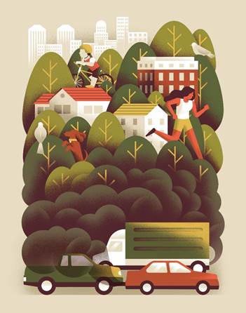 An illustration shows cars and smog at the bottom gradually transforming into trees and a healthy green city at the top.