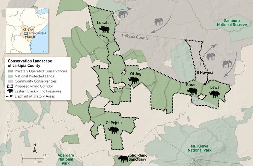A map shows where rhino preserves and other protected areas are in Laikipia County, Kenya.